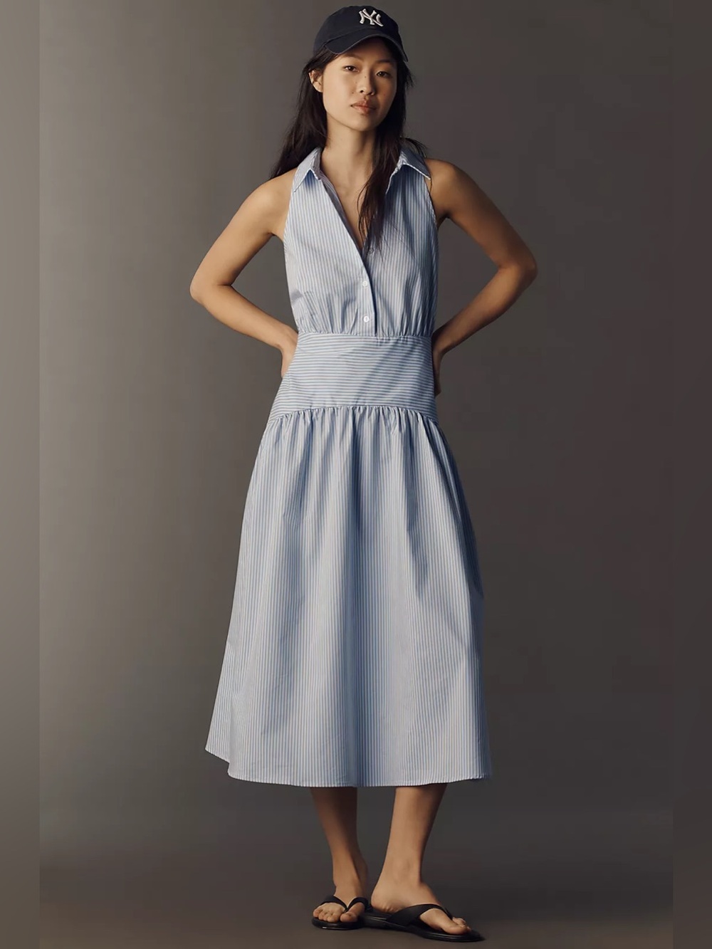 Anthropologie Exquise Tobie Drop-Waist Midi Blue Striped Shirtdress Size Small
